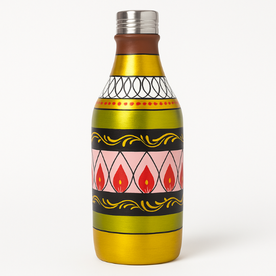 Handpainted Folk Rhythm Terracotta Bottle