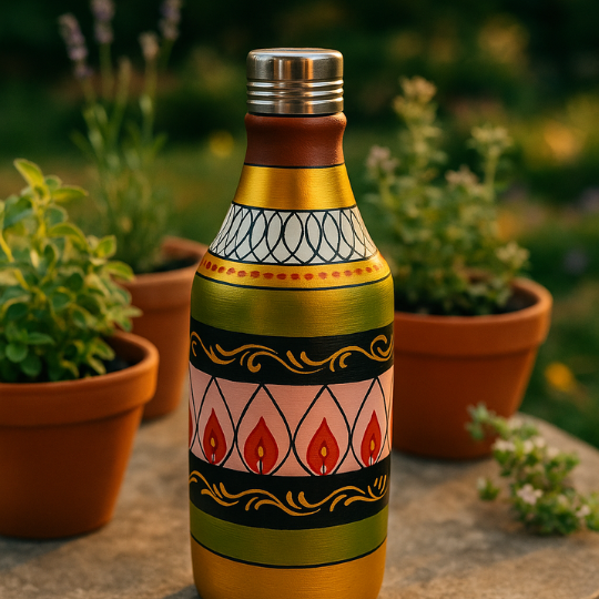 Handpainted Folk Rhythm Terracotta Bottle