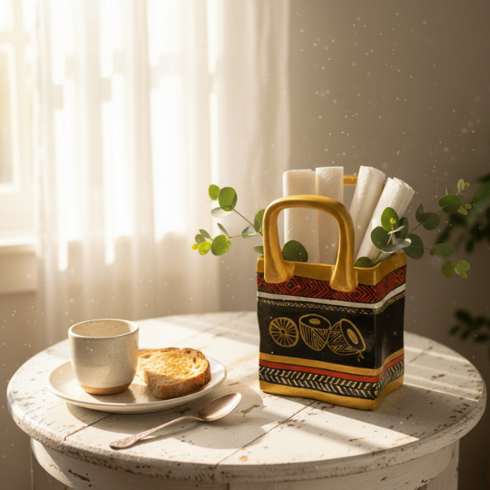 Handpainted Timeless Motif Terracotta Pen/tissue paper Holder