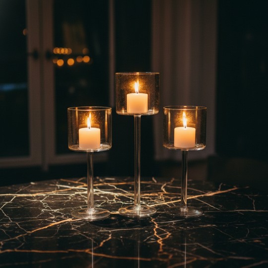 Luminé Trio — Borosil Glass Candle Stands (Set of 3)
