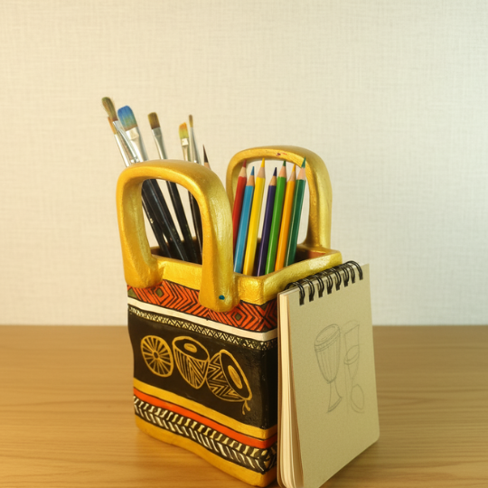 Handpainted Timeless Motif Terracotta Pen/tissue paper Holder